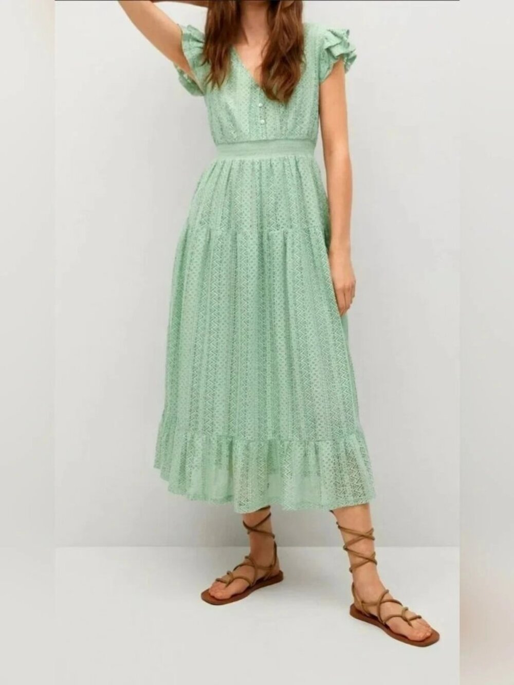 Mango Mint Green Lace Tiered Maxi Dress Sz 6 Lined Ruffle Cottagecore Summer